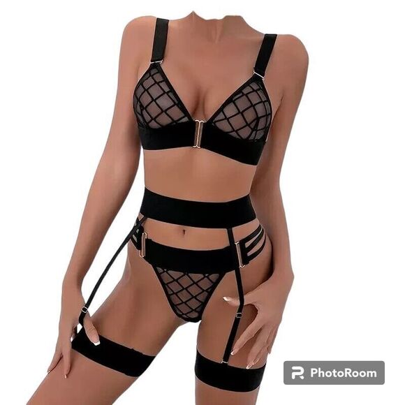 3 Piece Set Bra Thong Garter Size Small Black - Picture 1 of 10